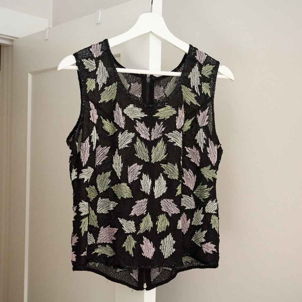VINTAGE Beaded Black Tank Top Sheer Green/Pink Leaf Design M